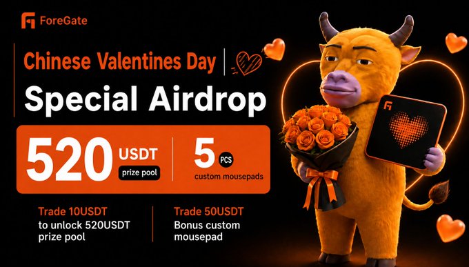 The image is a ForeGate promotional graphic for a "Chinese Valentines Day Special Airdrop" featuring a cartoon bull character holding orange roses and a ForeGate-branded mousepad, advertising a 520 USDT prize pool and 5 custom mousepads for trading 10 USDT or 50 USDT respectively, running August 19–21 in celebration of the Qixi Festival.
