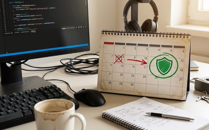 A desk scene featuring a calendar with a red X marking one date and a green shield on another, alongside a computer monitor displaying code, a coffee mug, keyboard, mouse, and notepad with handwritten notes.