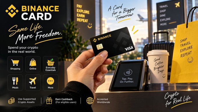A hand holds a black Binance Visa card over a payment terminal in what appears to be a cafe or shop, with a yellow shopping bag nearby, alongside promotional text reading "BINANCE CARD," "Same Life. More Freedom," "Spend your crypto in the real world," and "A Card for a Bigger Tomorrow." The accompanying post highlights how the Binance Card enables seamless real-world spending of supported crypto assets on categories like shopping, online purchases, meals, travel, and everyday essentials, visually reinforced by the checkout scene and icons shown in the image.