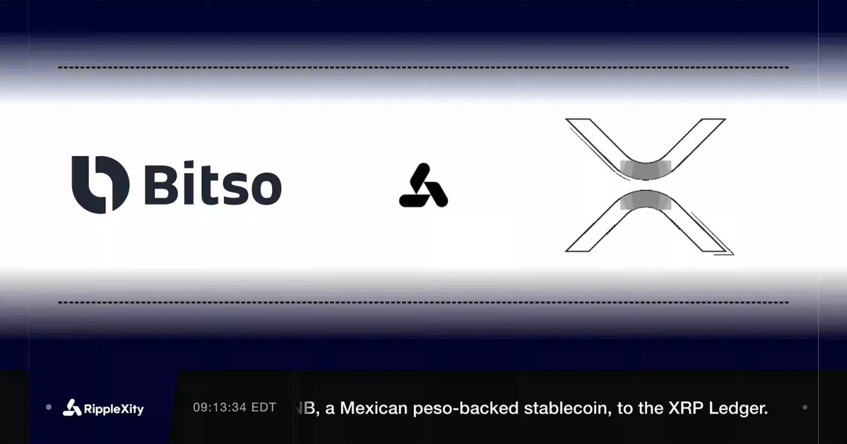 The image features two logos side by side with text that reads "Bitso" and "XRP Ledger". The text also includes a link to a post about Ripple and Bitso, which says "Just In: #Ripple and Bitso are bringing MXNB, a Mexican peso-backed stablecoin, to the XRP Ledger."
