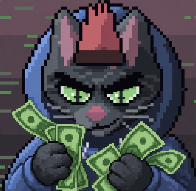 A pixel art illustration depicts a dark gray cat wearing a hoodie and holding stacks of green cash, set against a dark background with green digital lines.