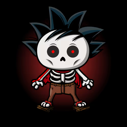 A cartoon skeleton character with spiky hair, red eyes, and a red scarf, wearing brown pants and standing against a dark red background.