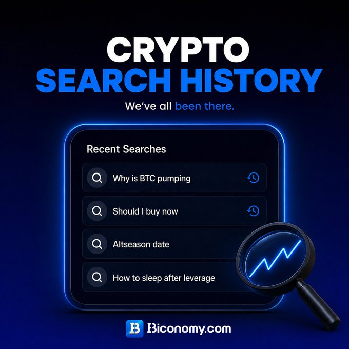 The image shows a magnifying glass with a magnified view of a Bitcoin search history page, which has a blue background and white text. The magnifying glass is positioned over the search history screen, highlighting specific details about the search results. The caption below the magnified image reads "Be honest... The last crypto-related thing you searched was: Q." This suggests that the user might have been searching for information related to Bitcoin or other cryptocurrencies and found a question about Bitcoin's search history.

The post also mentions that the user has already done their research, as indicated by the caption. It is important to note that this image does not provide any additional context or information beyond what can be inferred from the magnified view of the search results page.