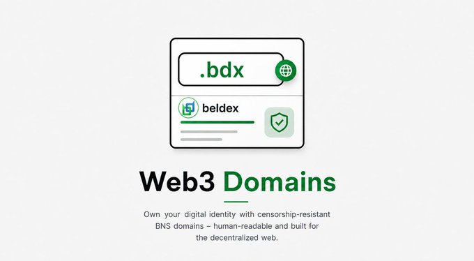 The graphic displays a stylized domain card showing ".bdx" alongside the Beldex (beldex) logo, captioned "Web3 Domains — Own your digital identity with censorship-resistant BNS domains – human-readable and built for the decentralized web." It visually represents the post's message that Beldex Name Service (BNS) domains replace cumbersome wallet addresses with simple, human-readable .bdx identities on the decentralized web.