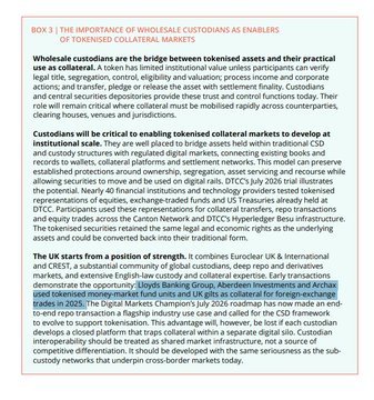 A document excerpt from Box 3 discussing 'THE IMPORTANCE OF WHOLESALE CUSTODIANS AS ENABLERS OF TOKENISED COLLATERAL MARKETS', covering wholesale custodians, tokenisation, and the UK's position.