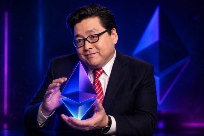A smiling man in a suit and red tie holds a glowing, holographic Ethereum (ETH) logo in his hands, with another Ethereum logo visible in the background.