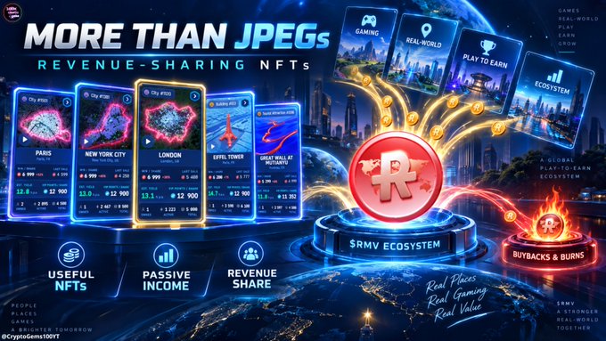 A promotional graphic titled "MORE THAN JPEGs" advertising revenue-sharing NFTs from the $RMV Ecosystem, featuring city-themed digital cards (Paris, New York City, London, Eiffel Tower, Great Wall of Puttaya) with categories for Gaming, Real-World, Play to Earn, and Ecosystem.