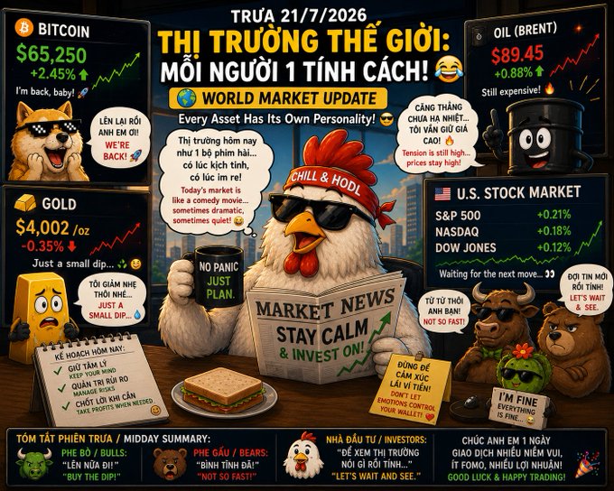 A cartoon-style market update graphic dated "TRƯA 21/7/2026" (Noon 7/21/2026) featuring anthropomorphic animal characters portraying different asset personalities—showing Bitcoin at $65,250 (+2.45%), Oil (Brent) at $89.45 (+0.88%), Gold at $4,002/oz (-0.35%), and U.S. indices (S&P 500 +0.21%, NASDAQ +0.18%, DOW JONES +0.12%)—centered around a chicken wearing a "CHILL & HODL" bandana holding a "MARKET NEWS" newspaper, with bilingual Vietnamese/English commentary emphasizing that "every asset has its own personality."