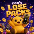 A promotional graphic reads 'Can't LOSE PACKS' with a yellow cartoon character holding a phone, surrounded by gold coins on a purple background.