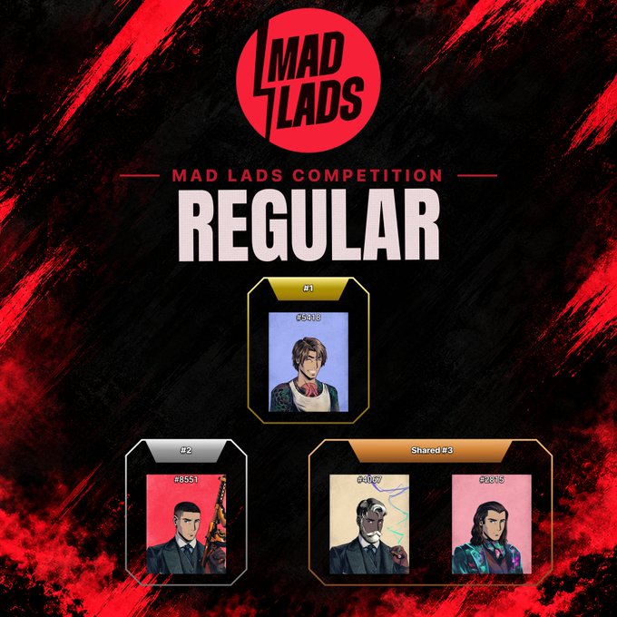 A 'MAD LADS COMPETITION' results graphic showing three ranked cards with stylized character portraits against a black and red background, featuring positions #1, #2, and Shared #3.