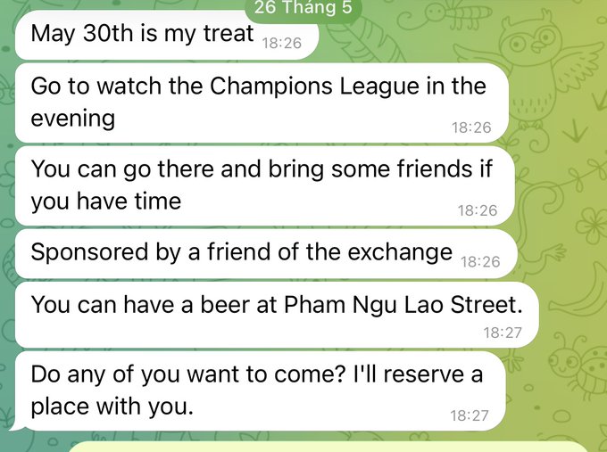The image shows a text message conversation between two people, with one person asking if the other wants to come over for beer at Phân Nghiên Lao Street. The text also mentions that they are sponsored by a friend of the exchange.
