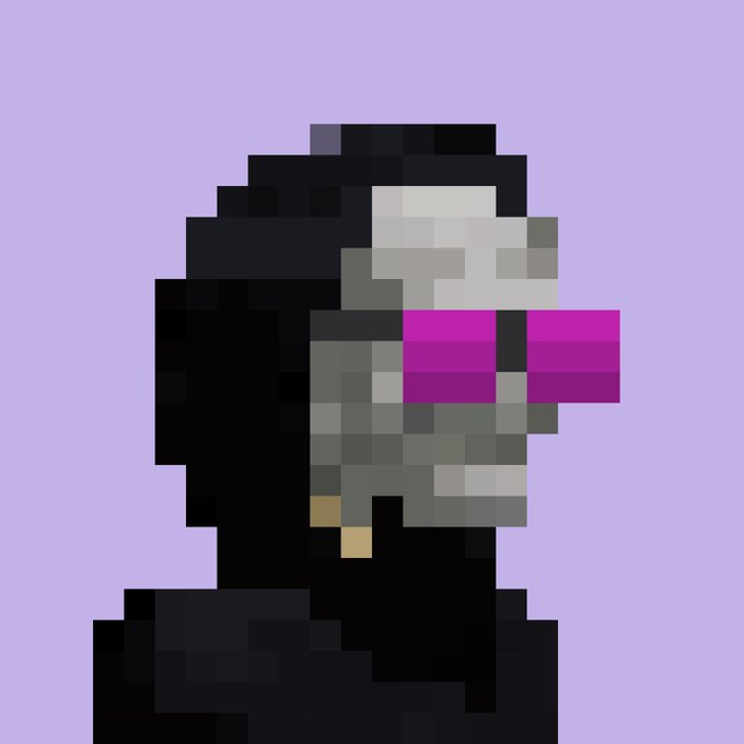 Pixel art image showing a figure with sunglasses against a light purple background.
