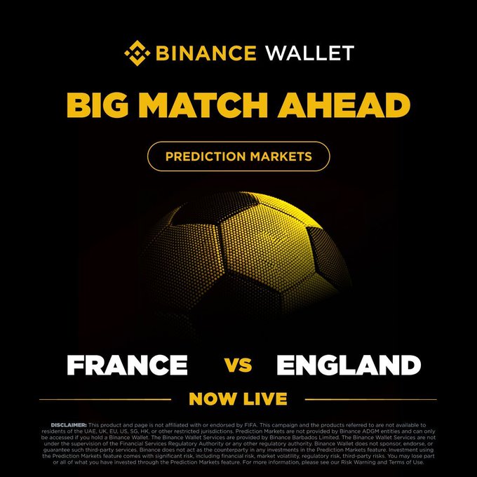 The image is a Binance Wallet promotional graphic featuring a gold football with "BIG MATCH AHEAD" and "PREDICTION MARKETS" headlines, announcing that the France vs England match prediction market is "NOW LIVE" — directly supporting the post's call to trade Football Cup prediction events on Binance Wallet.