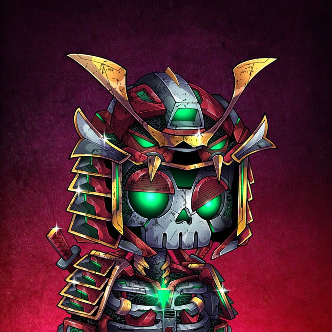 A detailed digital illustration of a stylized samurai warrior wearing ornate red and dark armor with glowing green eyes and golden horns, set against a dark red textured background.