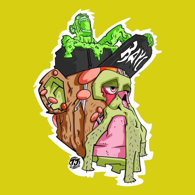 A cartoon illustration of a green zombie-like figure wearing a graffiti-covered cap, sitting next to a large wooden structure on a yellow background.