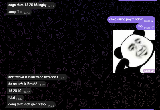 A Vietnamese-language chat conversation in a dark themed messaging app showing messages about a '15-20 bãi/day' formula for 'siêng pay x hom r' (paying interest for home), with a meme image of a panda.