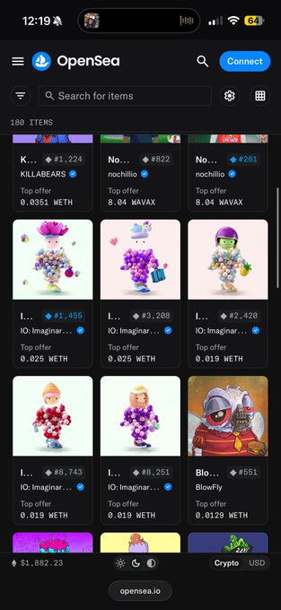 A mobile screenshot of the OpenSea NFT marketplace showing 180 items for sale from collections like KILLABEARS, nochillio, IO: Imaginary Ones, and BlowFly, with various "Top offer" prices listed in WETH and WAVAX. The Imaginary Ones 3D avatar NFTs (priced at 0.025, 0.019, and 0.019 WETH) align with the post's claim about Imaginary Ones collectibles appearing in the wallet.