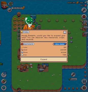 A screenshot from a mobile game showing an 'Expand' menu for a 'Dwarven Pumpkin' land, offering upgrades for resources like Coins, Gems, Stone, and Iron, with an 'Expand' button at the bottom.