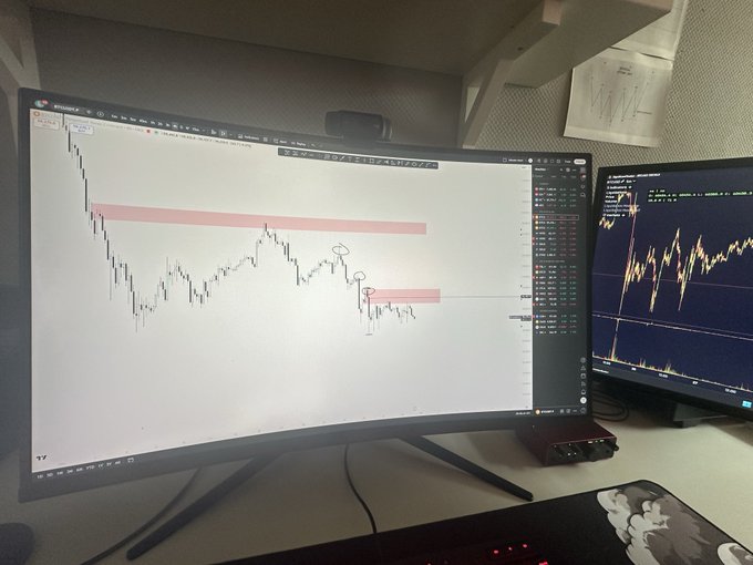 A trading workstation with two monitors displaying bearish Bitcoin and Solana charts, featuring highlighted resistance zones and circled sell signals that align with the trader's bearish bias update. The setup includes a webcam mounted on the main curved monitor, with price action clearly confirming the downside move mentioned in the post.