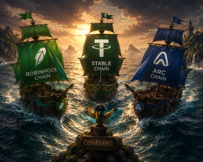 A digital illustration depicting three pirate ships sailing on a stormy sea, with green sails for 'ROBINHOOD CHAIN', dark green sails for 'STABLE CHAIN', and blue sails for 'ARC CHAIN', overseen by a 'COINBARREL' logo at the bottom.