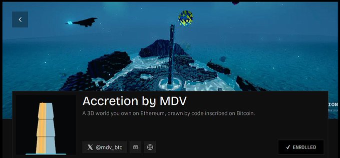 Promotional screen for 'Accretion by MDV' described as 'A 3D world you own on Ethereum, drawn by code inscribed on Bitcoin', showing an underwater scene with a spaceship and checkered sphere.
