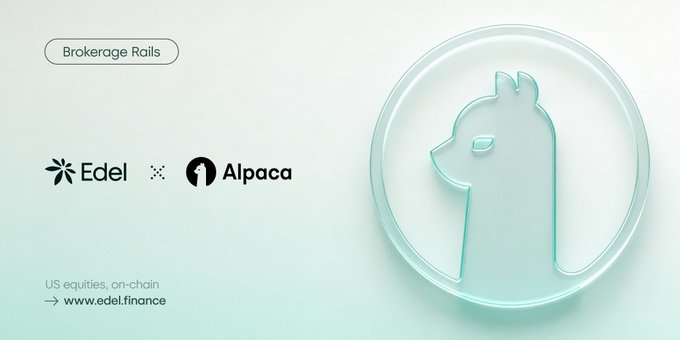 A minimalist mint-green promotional graphic for 'Brokerage Rails' featuring 'Edel' and 'Alpaca' logos with the tagline 'US equities, on-chain' and website 'www.edel.finance', alongside an embossed alpaca medallion.