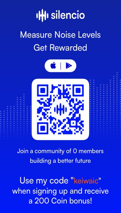 A blue promotional advertisement for the 'silencio' app featuring a QR code, with text reading 'Measure Noise Levels Get Rewarded' and an invitation to use referral code 'keiwaic' for a 200 Coin bonus.