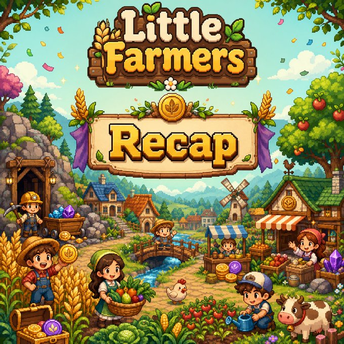 A colorful cartoon promotional graphic titled 'Little Farmers Recap' featuring various farmer characters, animals, and farm buildings.