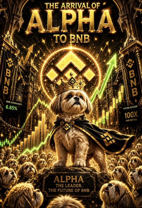 A digital artwork showing a Shih Tzu-like dog wearing a crown and cape, titled 'THE ARRIVAL OF ALPHA TO BNB', with 'BNB DOMINANCE 6.85%' and 'FUTURE OUTLOOK 100X AND BEYOND' flanking it, set against a background of a candlestick chart and Binance logos, with smaller dogs below and text 'ALPHA - THE LEADER, THE FUTURE OF BNB'.