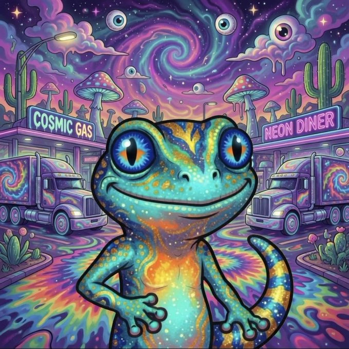 Psychedelic illustration of a smiling green and orange lizard-like creature in a surreal landscape with 'COSMIC GAS' and 'NEON DINER' signs, mushrooms, and floating eyes.