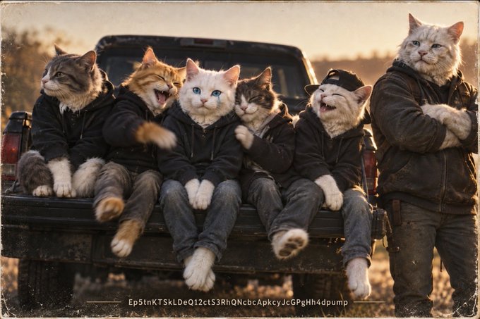 An AI-generated image shows several anthropomorphic cats dressed in hoodies and jeans sitting on the tailgate of a pickup truck, with text at the bottom reading 'Ep5tnKTSkLDeQ12ctS3RhQNcbcApkcyJcGPgHh4dpump'.