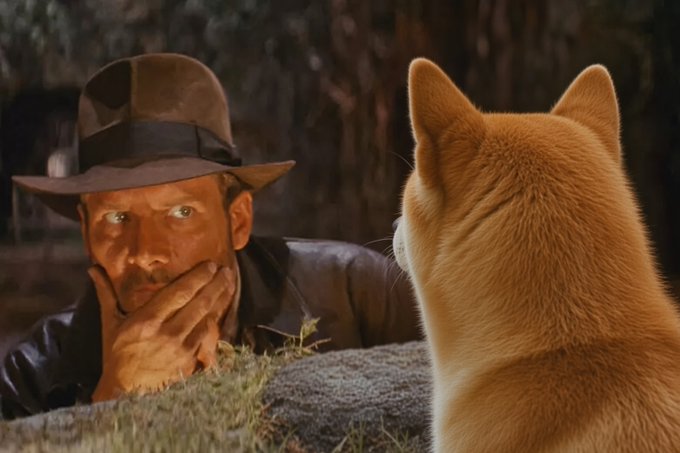 A composite image showing Indiana Jones (Harrison Ford) looking thoughtfully at an orange tabby cat from behind, with a forest background.