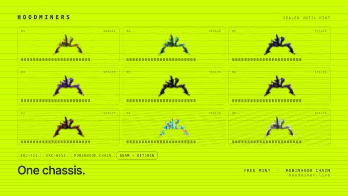 A bright lime-green 'HOODMINERS' digital collectible dashboard showing nine sealed NFT slots, each featuring a different colored hooded miner graphic, with text 'SEALED UNTIL MINT' and 'One chassis. FREE MINT ROBINHOOD CHAIN hoodminers.iove'.