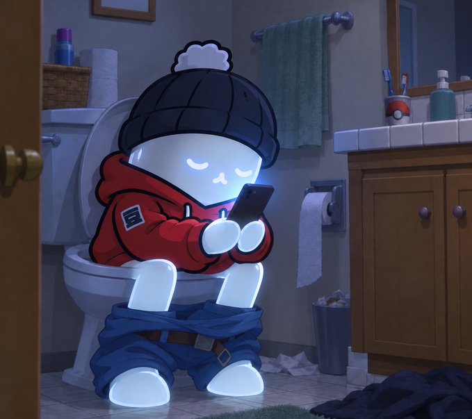A digital illustration of a cute white cartoon character wearing a red hoodie, black beanie, and blue jeans, sitting on a toilet in a bathroom while looking at a smartphone with glowing blue accents.