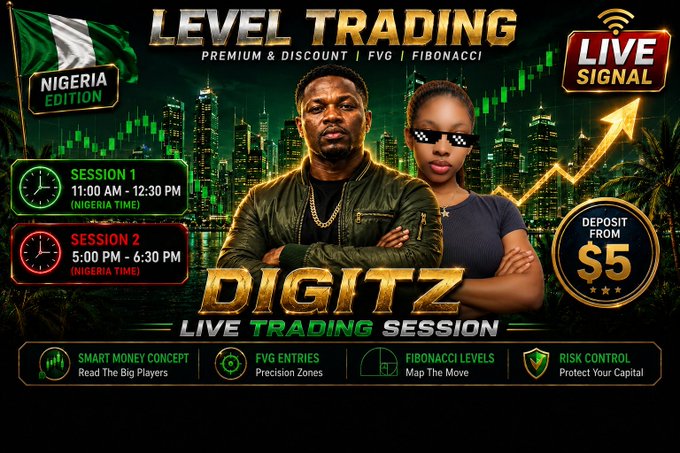 A promotional graphic for a trading session features a man and a woman in sunglasses against a city skyline backdrop. The text includes 'LEVEL TRADING', 'NIGERIA EDITION', 'LIVE SIGNAL', 'DIGITZ LIVE TRADING SESSION', and 'DEPOSIT FROM $5', along with session times.