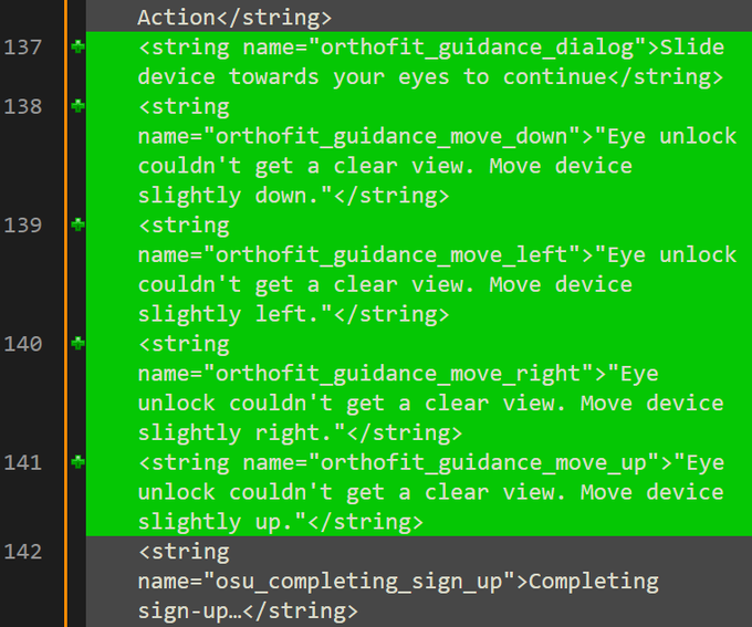 A code snippet displays Android XML string resources for Phoenix Eye Unlock guidance messages, including directions to slide, move down, left, right, or up to get a clear view. These user-facing strings correspond to the new Eye Unlock feature introduced in HzOS 2.7 PTC, as referenced in the post.