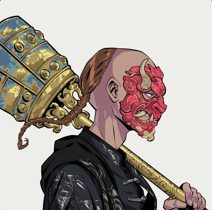 A stylized illustration of a bald character in profile wearing a red oni/Hannya demon mask, holding a large ornate golden and blue spiked club over their shoulder, wearing a dark traditional Chinese-style garment.