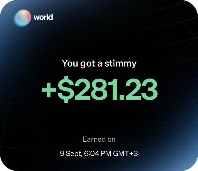 A screenshot from Worldcoin's "World" app displays a "stimmy" reward of **+$281.23** earned on September 9 at 6:04 PM GMT+3, corresponding to the tweet praising World for their first trade reward giveaway.