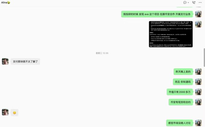 A Chinese chat conversation discussing an Ava (币安) payment project, with messages questioning the payment volume and market value of the contract.