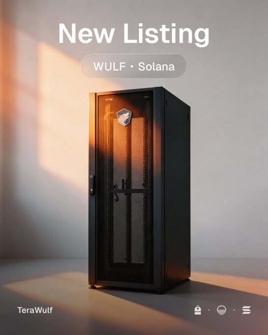 A sleek black server rack stands in a sunlit room, serving as the visual centerpiece for a "New Listing" announcement featuring the ticker "WULF · Solana," with "TeraWulf" branded in the bottom corner, symbolizing the integration of Bitcoin mining infrastructure (TeraWulf) with Solana's blockchain via Sunrise and Backpack Securities.