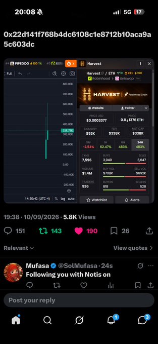 A screenshot of a social media post on X displays cryptocurrency data for the token 'HARVEST' on the Robinhood Chain via DEXScreener, showing a price of $0.0003377 and a market cap of $338K, with a user comment 'Following you with Notis on'.