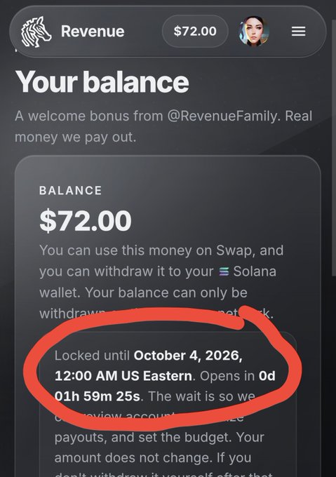 A screenshot of a Revenue app dashboard displays a $72.00 balance that is "Locked until October 4, 2026, 12:00 AM US Eastern" with a countdown showing "Opens in 0d 01h 59m 25s"—highlighted by a red circle—ironically underscoring the poster's eager anticipation of finally being able to withdraw funds to buy beer.