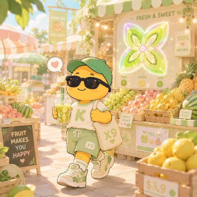 A cheerful illustration of a yellow fruit-themed character with sunglasses and a green cap holding a smoothie at a 'Fresh & Sweet' fruit market with signs reading 'Good Fruit,' '100% Natural,' and 'Fruit Makes You Happy.'