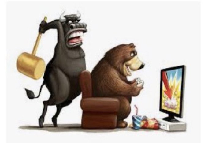 A cartoon showing a bullish black bull wielding a large wooden mallet standing behind a bearish brown bear who is sitting in a chair playing a video game with a downward red arrow on the screen.
