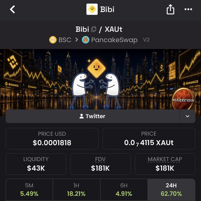 A cryptocurrency tracking page on BSC/PancakeSwap V2 for the token 'Bibi' paired with XAUt, showing a price of $0.0001818, market cap of $181K, and a 24H change of 62.70%.