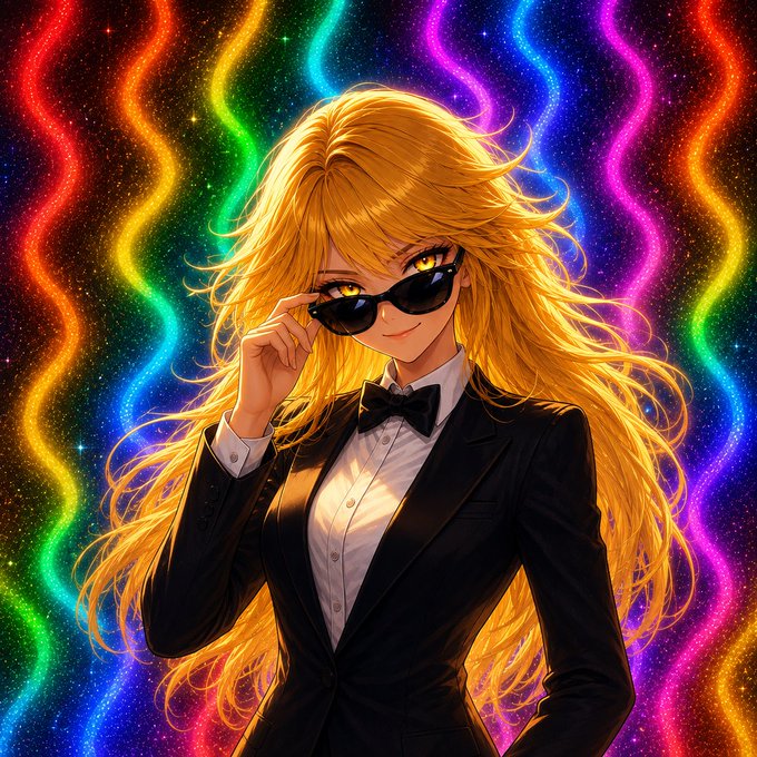 An anime-style illustration of a blonde woman in a black tuxedo and sunglasses posing against a vibrant rainbow-colored cosmic background, embodying the glamorous, stylish aesthetic associated with the "TUTGirlMaxiX100" character.