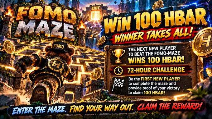An advertisement for 'FOMO MAZE' shows a cartoon bear character in armor navigating a stone labyrinth, promoting a '72-HOUR CHALLENGE' where the 'FIRST NEW PLAYER to complete the maze' wins '100 HBAR' in a 'WINNER TAKES ALL!' contest.