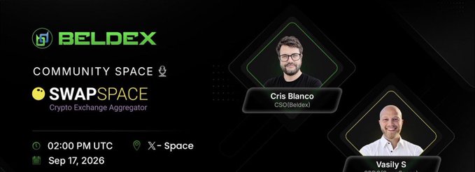 A BELDEX Community Space announcement for 'SWAPSPACE' crypto exchange aggregator, scheduled for 02:00 PM UTC on Sep 17, 2026, featuring photos of speakers Cris Blanco (CSO) and Vasily S.
