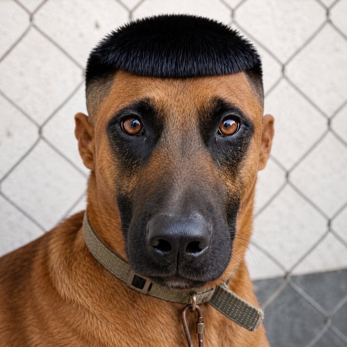 A close-up portrait of a Belgian Malinois dog with a distinctive flat-top haircut, wearing a collar and sitting in front of a chain-link fence.