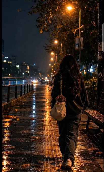 A moody nighttime photo shows a person with long dark hair walking down a rain-soaked, lamp-lit street, carrying a small bag with a stuffed animal peeking out.